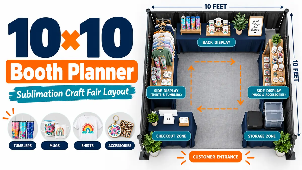 Top-down 10×10 sublimation craft fair booth layout with display, checkout, and storage zones