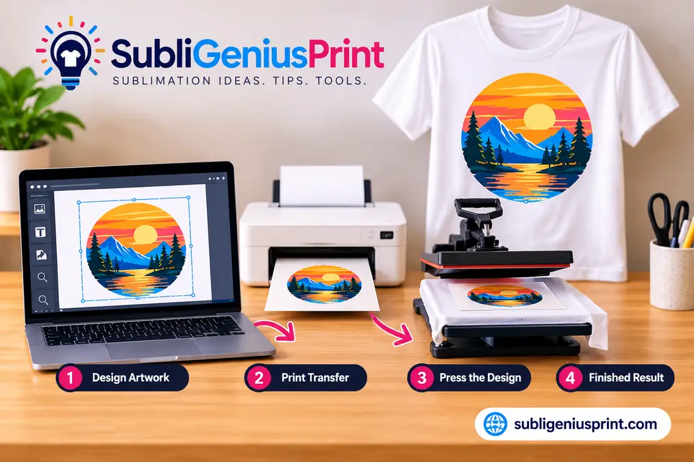 Sublimation printing workflow showing design creation, transfer printing, heat pressing, and the finished shirt