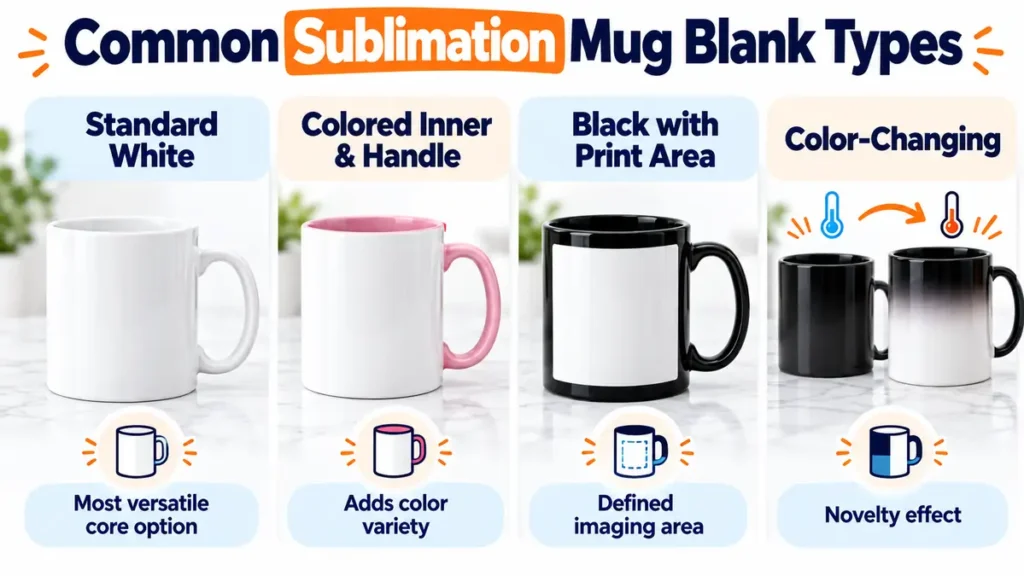 Four sublimation mug blank types: white, colored accent, black print-area and color-changing mugs