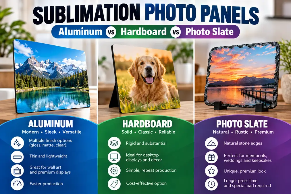 Display options for aluminum, hardboard, and photo slate sublimation photo panels