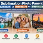 Sublimation photo panels comparison showing aluminum, hardboard, and photo slate