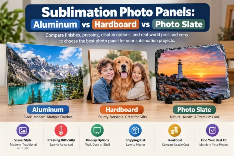 Sublimation photo panels comparison showing aluminum, hardboard, and photo slate