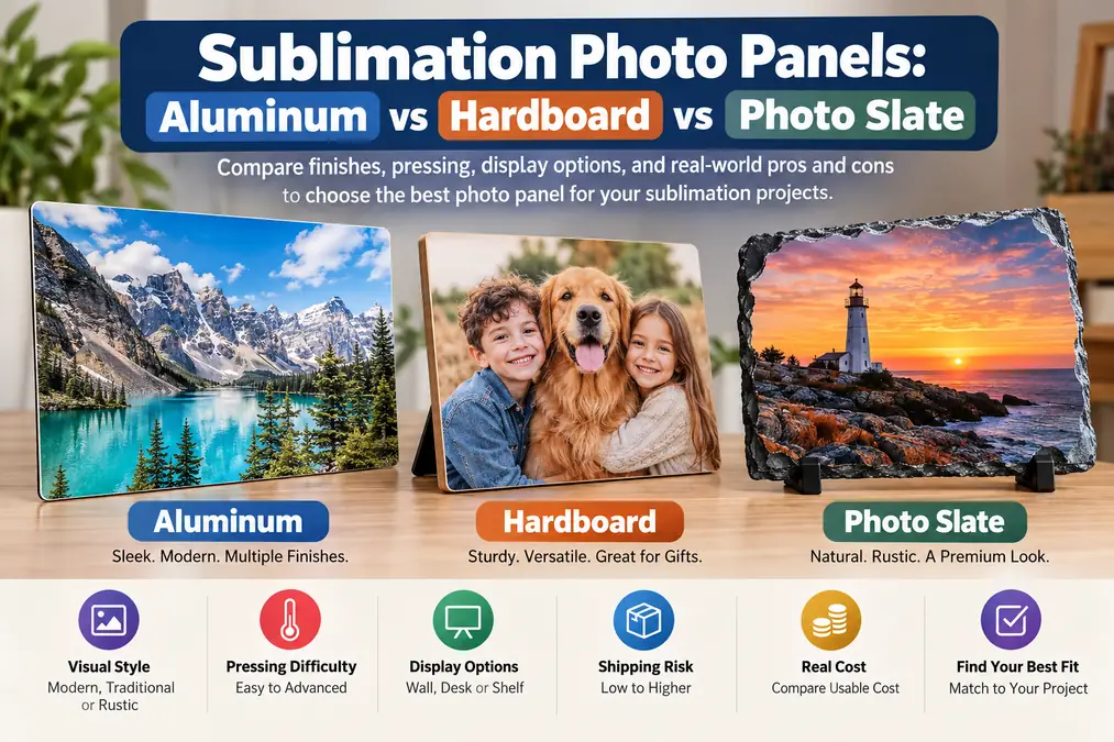 Sublimation photo panels comparison showing aluminum, hardboard, and photo slate