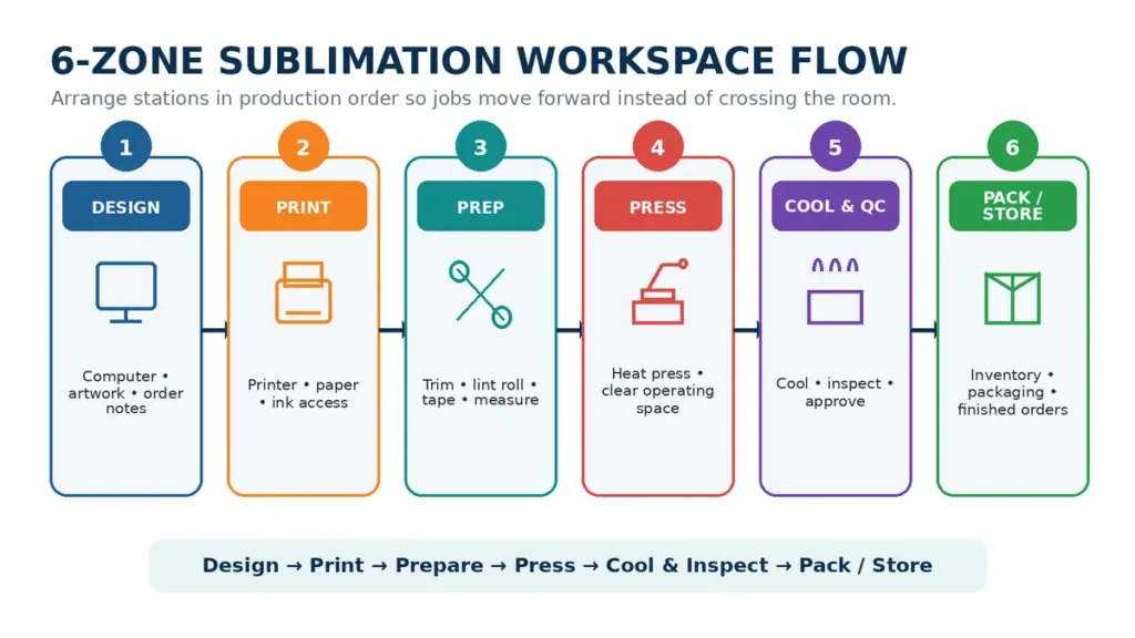 Six-zone sublimation workspace flow from design and printing through preparation, pressing, cooling, inspection, and packing.