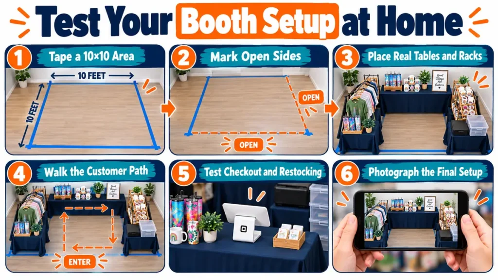 Six-step craft fair booth setup test using a taped 10×10 area at home