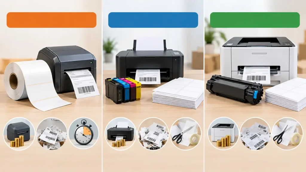 Thermal, inkjet, and laser shipping label printers with their main consumables