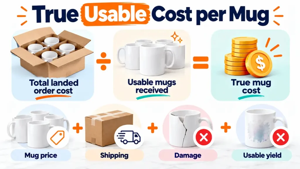 Infographic showing landed order cost divided by usable mugs received to calculate true mug cost