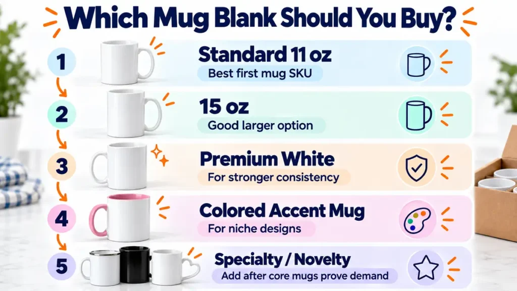 Decision graphic comparing standard 11 oz, 15 oz, premium, colored accent and specialty mug blanks