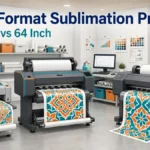 Three generic wide-format sublimation printers representing 24, 44 and 64-inch production classes in a commercial print workspace