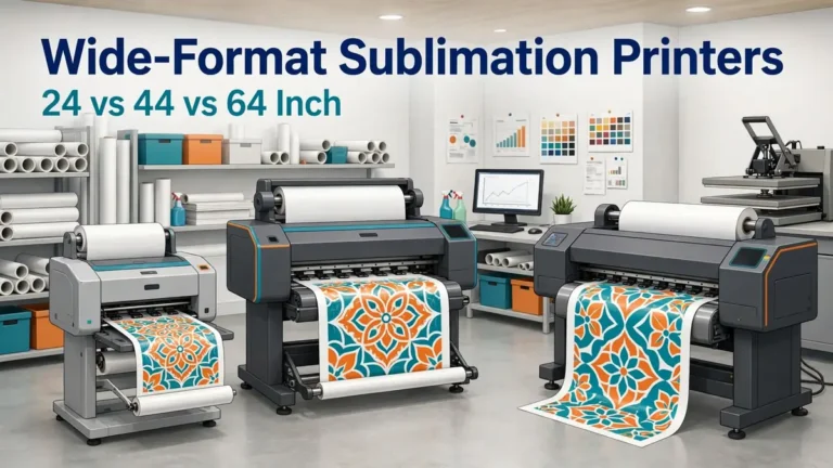 Three generic wide-format sublimation printers representing 24, 44 and 64-inch production classes in a commercial print workspace