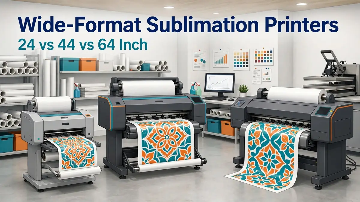 Three generic wide-format sublimation printers representing 24, 44 and 64-inch production classes in a commercial print workspace