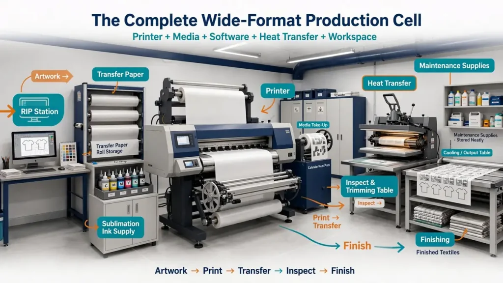 Wide-format sublimation production cell with printer, transfer paper, RIP workstation, heat-transfer equipment, trimming and finishing areas