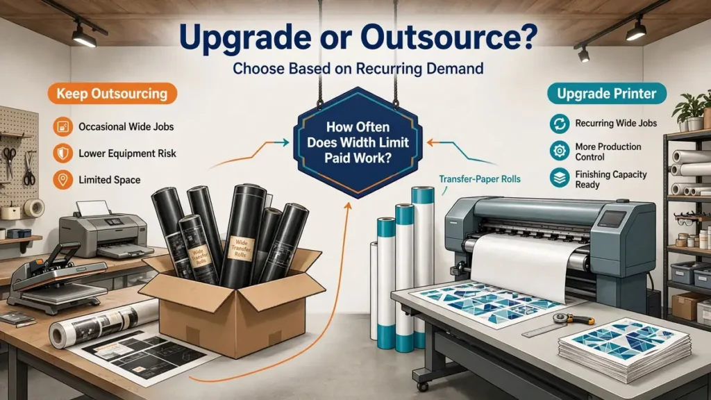 Decision graphic comparing outsourcing occasional wide sublimation transfers with upgrading to a larger production printer